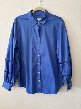 Chico's SZ 2 poplin cotton blue SZ 2 Button-Up Blouse Lace Sleeve Inserts NEW